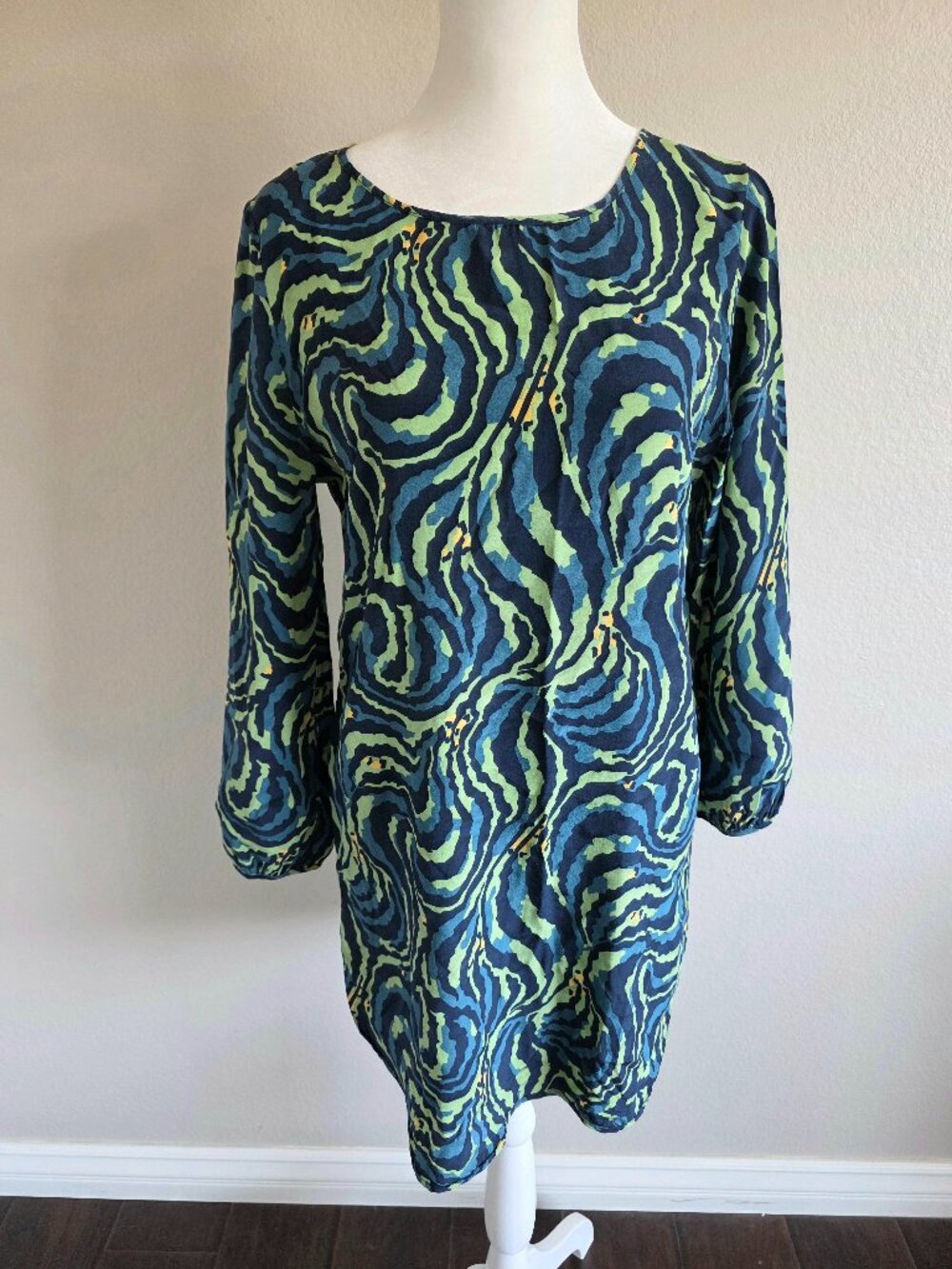 Amanda Uprichard Silk Tunic Shift Dress Teal Green Swirl Abstract Size Small